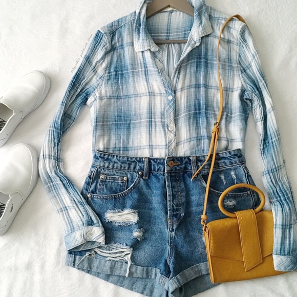 side stitch Tops - 100% Cotton Blue Plaid Top